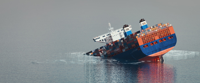 A large cargo ship tilted and sank sideways in the ocean.3d, rendering, illustration,