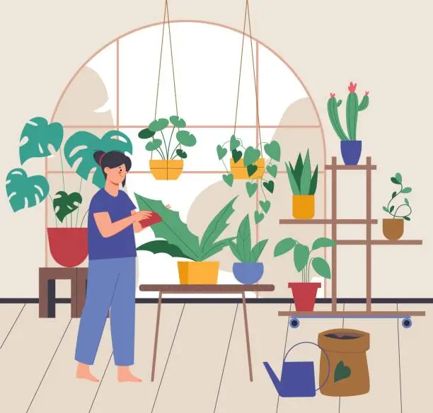 Vector illustration of Girl cares plants. Biologist or young gardener character. Cozy home with greenery, modern hobby for teens and adults. Greenhouse splendid vector scene