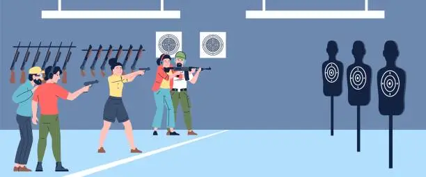 Vector illustration of Shooting training in range. People shoot with weapon on special study targets. Police or military check up, self defence exercises, recent vector scene