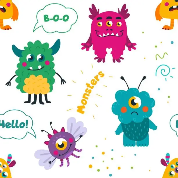 Vector illustration of Monsters seamless pattern. Funny childish monster, cyclop or alien. Different emotions characters. Fabric print design for kids, classy vector background