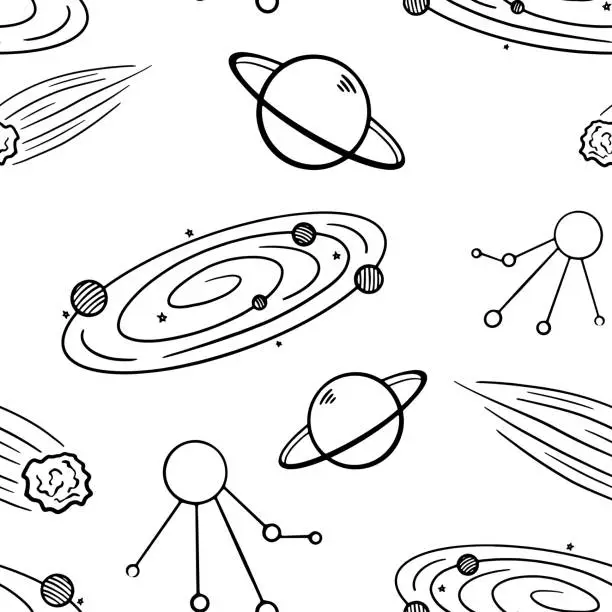 Vector illustration of Space galaxy objects vector seamless pattern. Planets, meteor, solar system. Cosmic background, wallpaper, print, textile, fabric, wrapping paper, packaging design