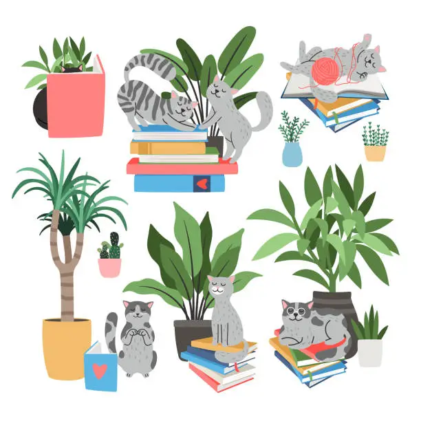 Vector illustration of Cats, books and houseplants set. Love of reading concept of houseplant and cat at home with pile of books