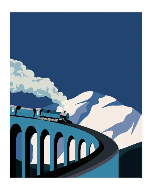Vector illustration of Railroad, train, Switzerland, background, postcard, poster, banner