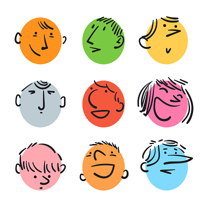 Vector illustration of a collection of 9 cartoonish and hand drawn human faces.