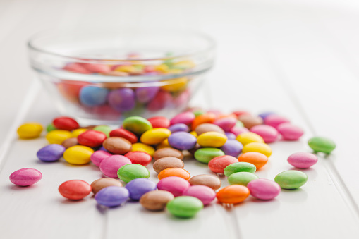 Colorful sweet candies on the white table.