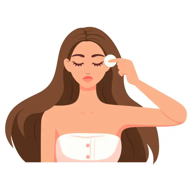 Vector illustration of Girl clean face with toner and cotton pad. Morning beauty care routine