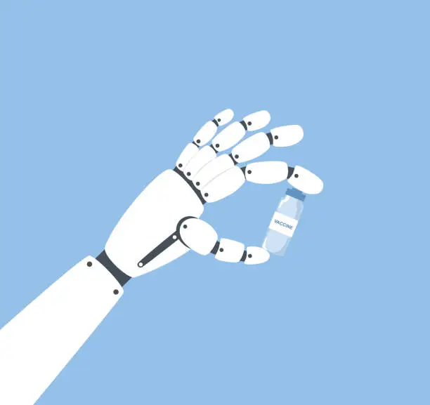 Vector illustration of Robot Hand Holding Vaccine Vial. Artificial Intelligence And Robot Usage In Healthcare And Medicine