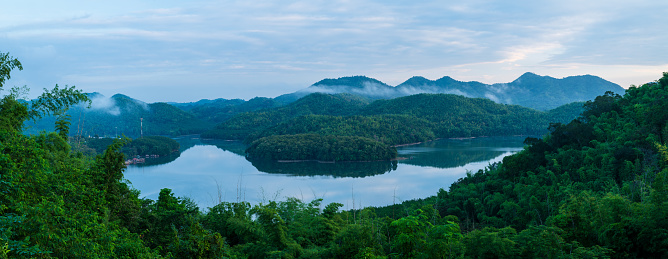 Panoramic of foggy at morning, Mountains top view of sunrise landscape in the rainforest, Thailand.