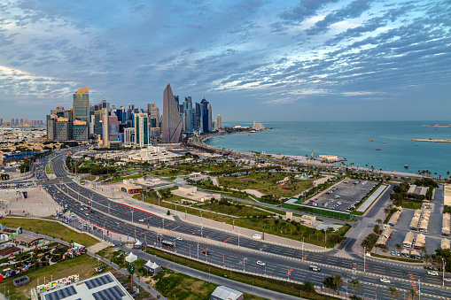 Doha, Qatar - January 26, 2024: Aerial view of Doha Skyline west bay view sunset sunrise