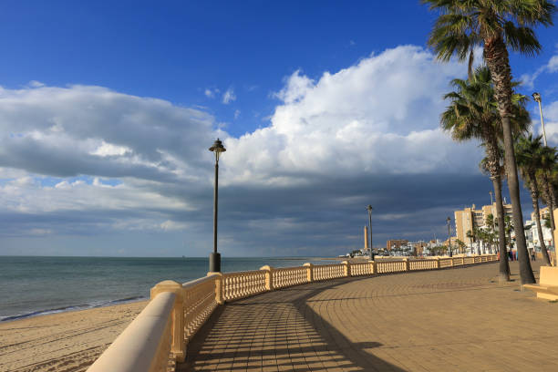 Chipiona, Cadiz, Spain- October 10, 2023:Chipiona beach and promenade on a sunny day