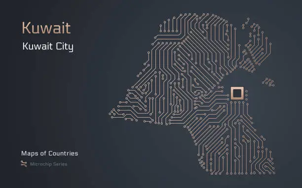 Vector illustration of Kuwait Map with a capital of Kuwait City Shown in a Microchip Pattern with processor.