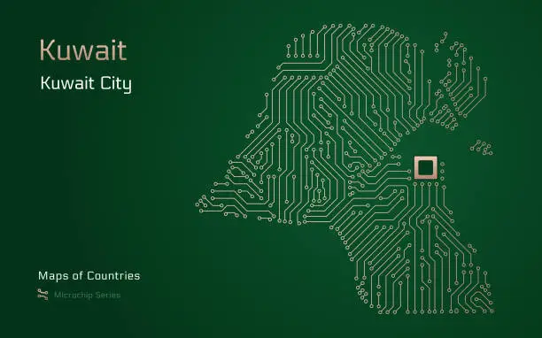 Vector illustration of Kuwait Map with a capital of Kuwait City Shown in a Microchip Pattern with processor.