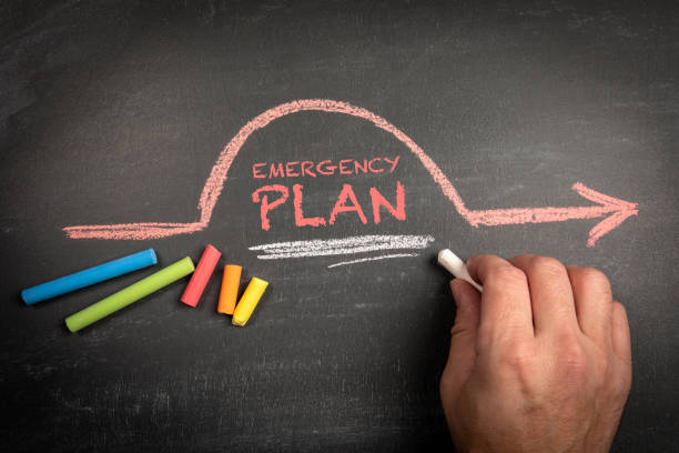 emergency plan. colored chalk pieces on a dark chalkboard background - crisis stockfoto's en -beelden