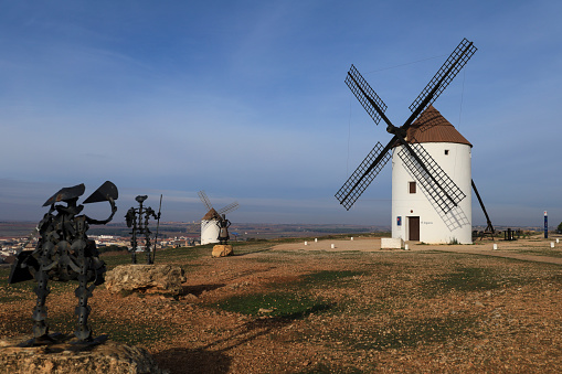 Mota del Cuervo, Castile-La Mancha, Spain- December 10, 2023: Windmills of Mota del Cuervo in Castile- La Mancha, Spain