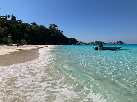 Phang Nga, Thailand – February 6, 2024: Thai traditional speedboat is floating on the shore where the tourist is swimming and strolling on the beach at Similan Island, Phang Nga, Thailand