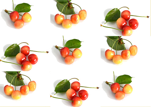 A collage of three photographs repeated several times in a photo editor with the image of cherries. Created with GIMP