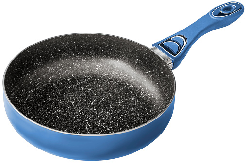 New, modern, large, heavy duty Royal Blue non-stick Stainless Steel frying pan, with spotted black double coated ceramic inner surface and handle with chrome details, isolated on white background, side view.