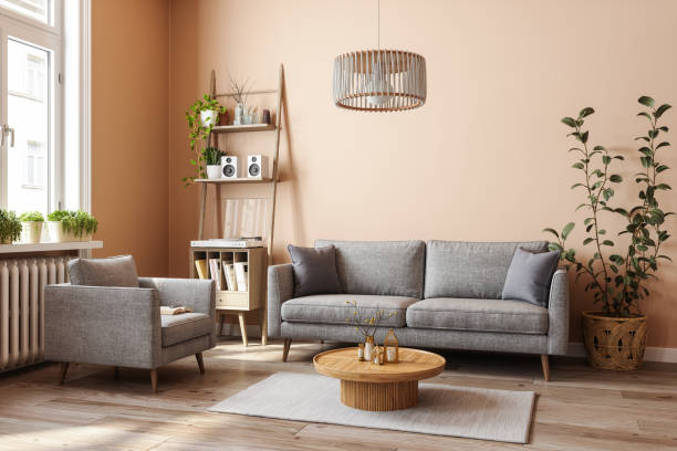 istock Modern Living Room Interior With Sofa, Armchair, Coffee Table And Plants 1989746494