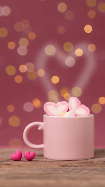 hot drink with heart shape smoke in pink coffee cup with heart shape marshmallow on top, with two small heart placed side by side on wooden table, bokeh light at background. romantic love relationship