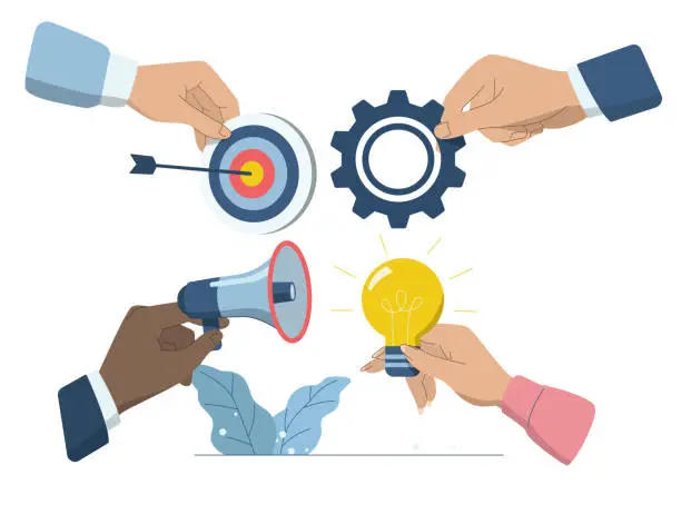 Vector illustration of Successful teamwork, Business collaboration is an efficient work process in an organization or company, The hands of a business team with expertise and specific skills in the work.