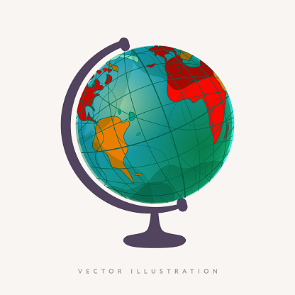 Vector world globe with stand, mockup on white background. Globe of planet Earth for concept of kids learning or world traveling