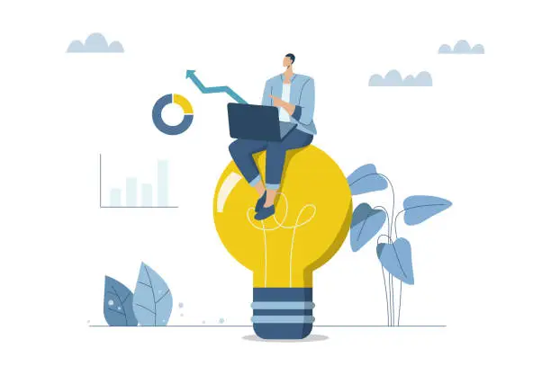 Vector illustration of Creativity and inspiration lead to success in work, Ideas about innovation and how to create opportunities for companies to grow and prosper, Businessman sitting and working on a big light bulb.
