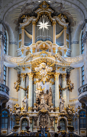 On January 20th 2024, Dresden Frauenkirche. Church of Our Lady. The Altar, sanctuary and organ of the famous Lutheran Church in Dresden.