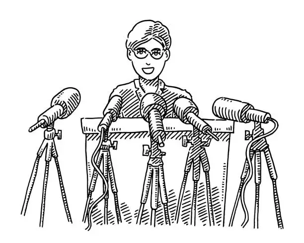 Vector illustration of Politician Woman Press Conference Drawing