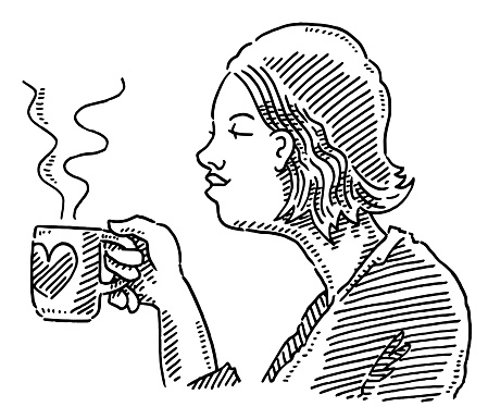 Hand-drawn vector drawing of a Young Woman Drinking Coffee In The Morning. Black-and-White sketch on a transparent background (.eps-file). Included files are EPS (v10) and Hi-Res JPG.