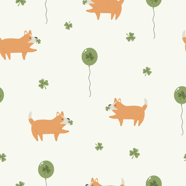 ilustraciones, imágenes clip art, dibujos animados e iconos de stock de holiday hounds st. patrick's day background. irish doggy delight seamless pattern - st patricks day dog irish culture leprechaun