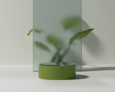 3D white background with green podium display. Nature plant with leaves on glass background. Clean, fresh, bio Cosmetic, beauty product promotion stand with green plant. Studio 3D render illustration.