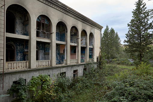 abandoned sanatorium building in kutaisi \n, between plants , sky , plants , trees , garden , stairs , stone , rocks , column , stairs , window , iveria , Iveria , Georgia , kutaisi
