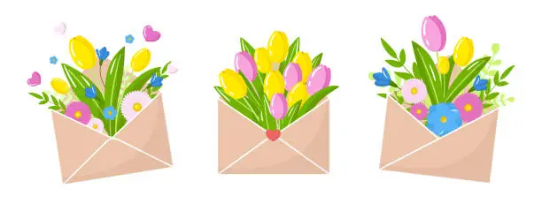 Vector illustration of Vector set of bouquets of spring flowers in envelopes isolated on white background. Hello spring collection icons. Greeting card with blooming tulips.