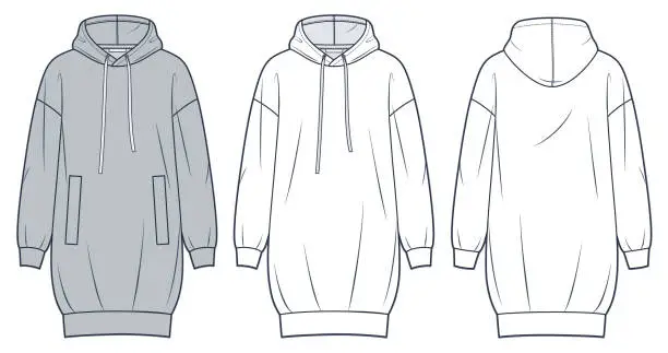 Vector illustration of T-Shirt Dress technical fashion illustration. Hooded mini Dress fashion flat technical drawing template, pockets, relaxed fit, front and back view, white, grey, women, men, unisex Sweatshirt CAD mockup set.
