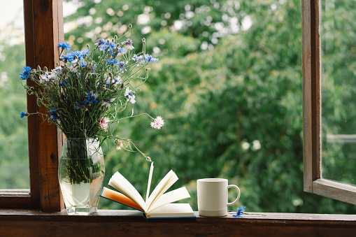 Beautiful summer still life on the windowsill. A bouquet of cornflowers and a book on the windowsill in a cozy home.