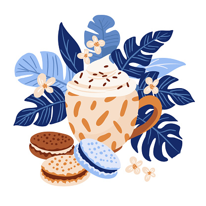 Pastel Blue and Beige Coffee Cup with Macarons Vector flat design Illustration, Tropical vibe for Cafe Menu and Branding