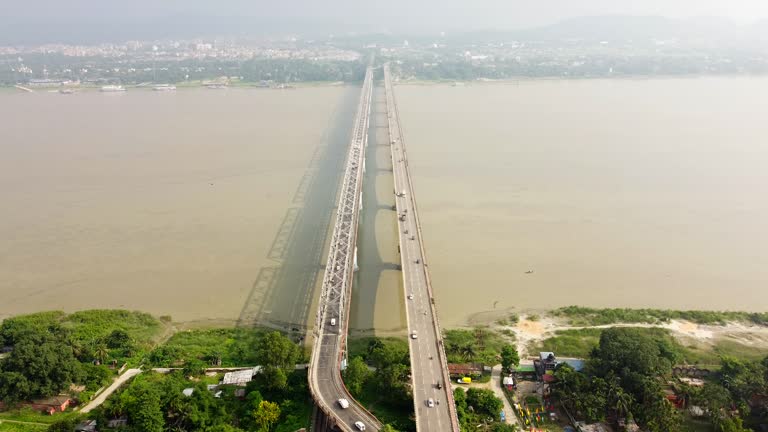 Aerial view saraighat bridge on the river brahmaputra in India  guwahati is the first bridge constructed on the river brahmaputra in assam.