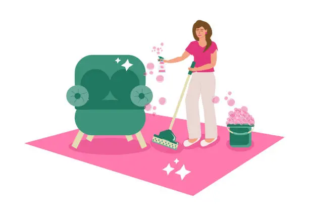 Vector illustration of Housewife cleaning carpet with mop