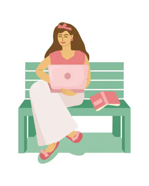 Vector illustration of female freelancer with a laptop on a bench