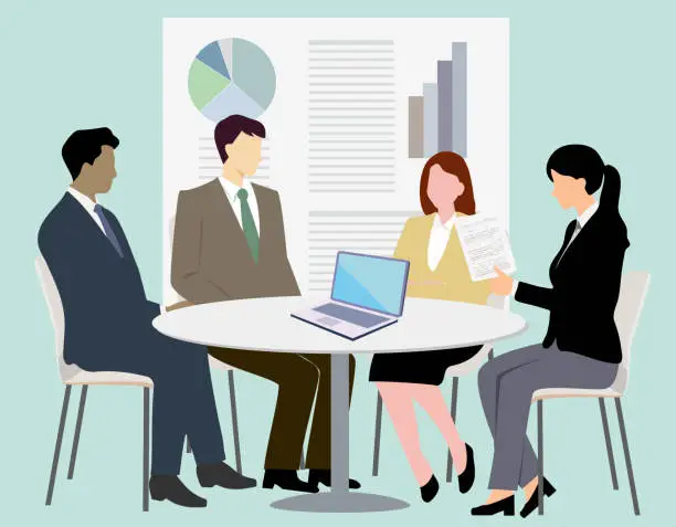 Vector illustration of people meeting at tablel and graph simple flat illustration