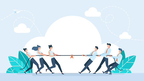 Tug of war men vs women. Businesswomen in tug of war with a group of businessmen. Men vs women superiority concept. Business competition, gender equality and equal rights. Flat illustration.