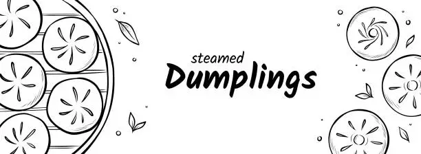 Vector illustration of Vector sketch banner with steamed dumplings isolated on white background.