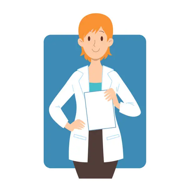 Vector illustration of Vector illustration of redhead European female doctor in white coat holding a blank paper in the hands.