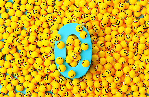 Blue number 0 surrounded by yellow spheres textured with happy face emoji on blue background. Horizontal composition.