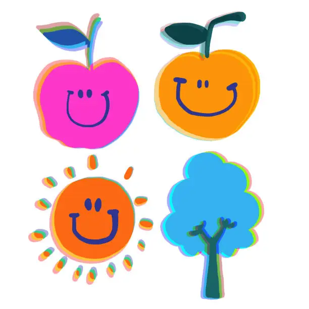 Vector illustration of Hand drawn risograph cartoon design element set with funny orange, apple, tree and sun