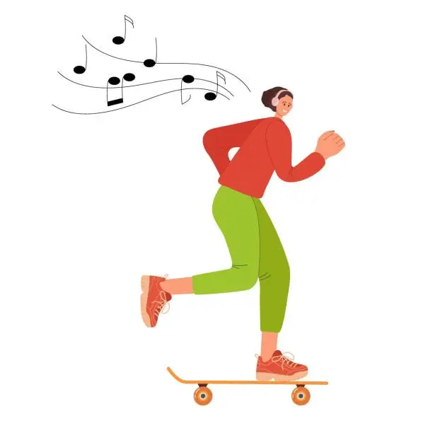 Vector illustration of Woman skateboarder listens to music with headphones. Modern female character enjoying leisure time. Healthy Active Freedom lifestyle. Colored vector illustration. Happy funny woman riding skateboard.