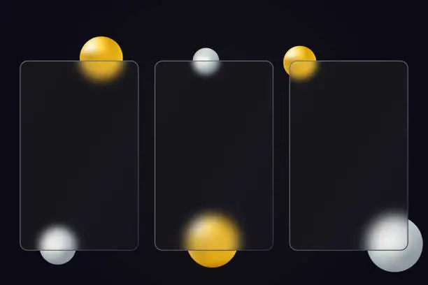 Vector illustration of Glass morphism effect. Set of vertical glass banners with gold and silver gradient spheres on a black background.