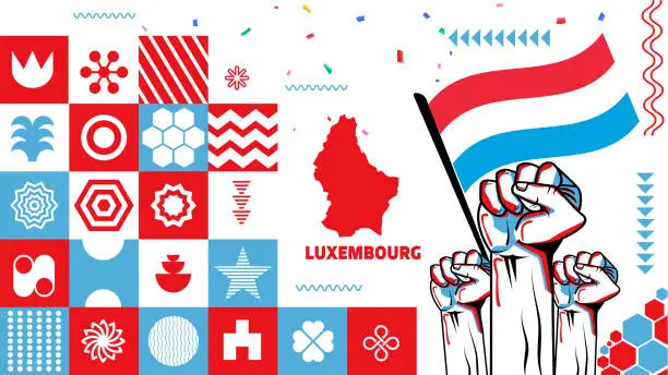 Vector illustration of Luxembourg national day banner with Luxembourger map, flag colors theme background and geometric abstract retro modern red white blue design. Luxembourg city landmarks Vector Illustration.