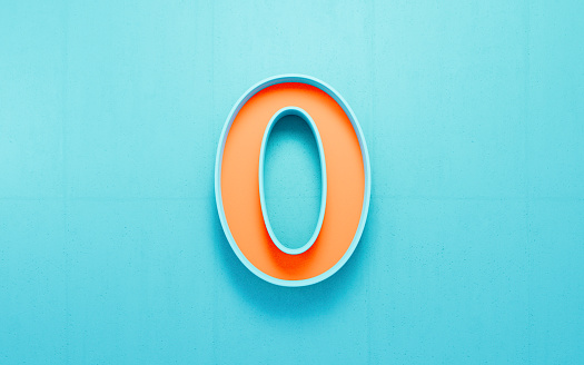Orange number zero on blue concrete wall background. Horizontal composition.