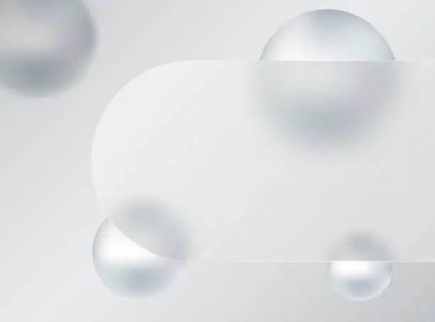 Vector illustration of Glass morphism banner template. Banner made of transparent plastic with a blur effect and silver spheres.